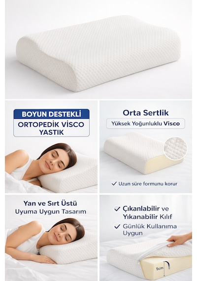 Ortopedik Visco Boyun Yastığı Boyun Düzleşmesine Destekli Lüks Yastık Beyaz