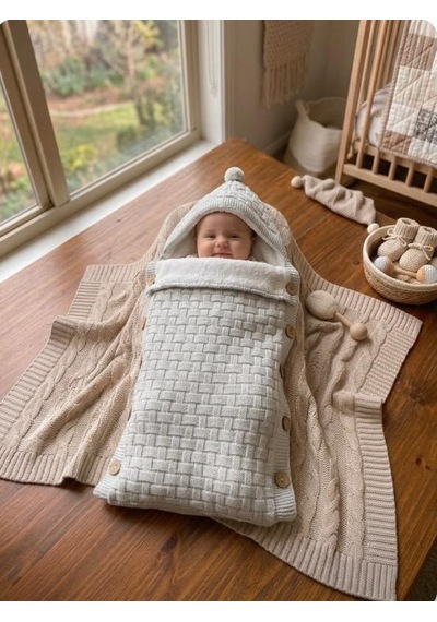 Bebek Örgü Desenli Unisex Welsoft Dış Kundak Açık Gri