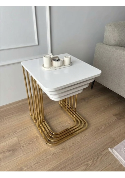 4 Lü Tekerlekli Zigon Sehpa Gold Beyaz