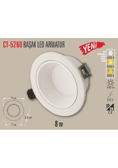 Cata Ct-5260 8w Başak Led Armatür Beyaz Kasa-6adet 3 Renk Cat Siyah