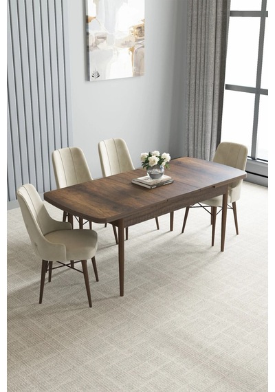 Zümra Serisi, Barok Ahşap Desen 80x132 Açılabilir Mdf Mutfak Masası Takımı 4 Adet Sandalye, Krem Zümra Serisi, Barok Ahşap Desen 80x132 Açılabilir Mdf Mutfak Masası Takımı 4 Adet Sandalye, Krem