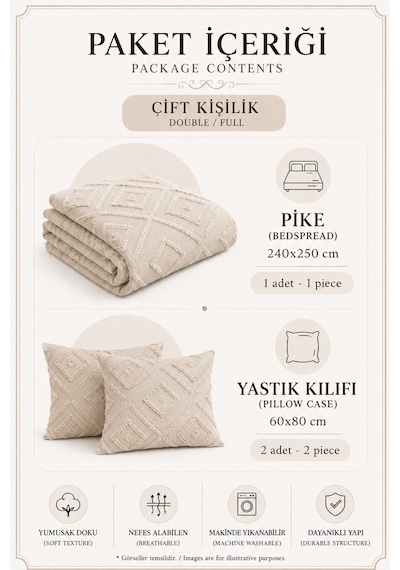 Bej 3 Parça Çift Kişilik Bohem Pike Takımı Mevsimlik 240x250 Yatak Örtüsü Seti Zetian