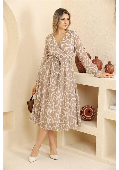 Dip Moda Kadın Midi Boy Desenli Şifon Elbise Dprssn32 BEJ