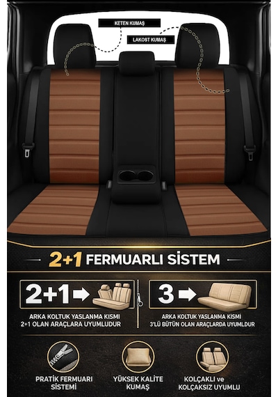 Premium Serisi Lüks Keten Üniversal Oto Koltuk Kılıfı - 5 Koltuk Tam Set Taba