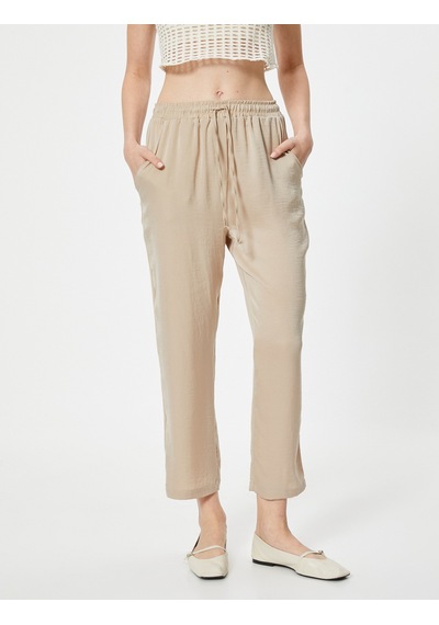 Koton Crop Paça Pantolon Beli Bağlamalı Cepli Bej 4sak40112pw Ekru