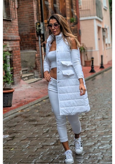 Veraura Lifestyle Beyaz Dik Yaka Cep Detaylı Uzun Şişme Yelek