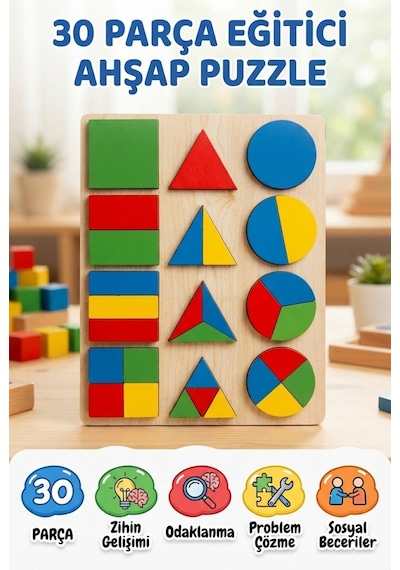 Renkli Şekiller 30 Parça Ahşap Eğitici Zeka Geliştirici Geometrik Şekiller Puzzle