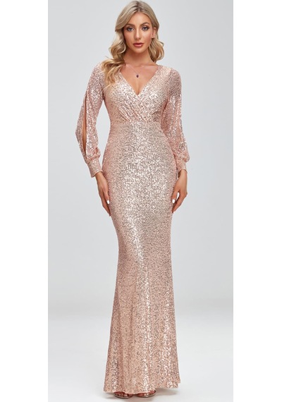 Hanife Glam Couture Hanife Glam Uzun Kollu Kruvaze Yaka Pullu Abiye Elbise Gold