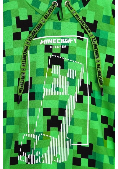 360 Derece Minecraft Baskılı Kışlık Çocuk Kapüşonlu Sweatshirt Yeşil