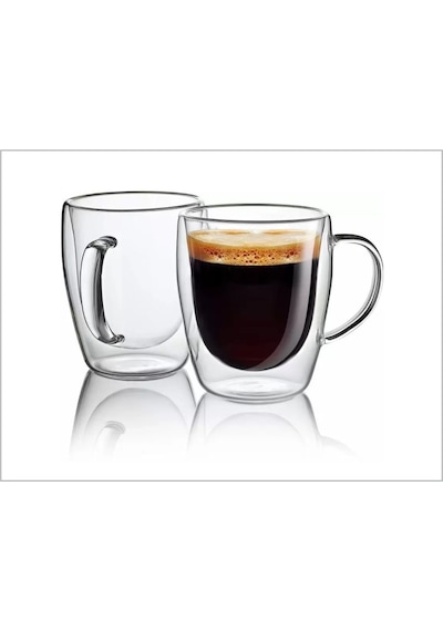 Çift Cidarlı Camlı 290Ml Kulplu Isı Muhafazalı Termos Bardak Kupa