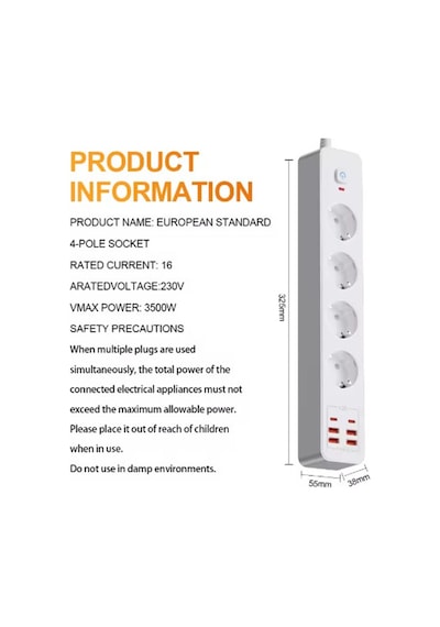Termal Akım Korumalı 4 Lü Priz 4x Usb 2x Type-c Çıkışlı Grup Priz Çoğaltıcı 3500w 2 M