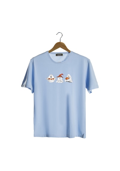 Unisex Açık Mavi Bisiklet Yaka Önü Cadılar Bayramı Baskılı Oversize T-shirt Açıkmavi