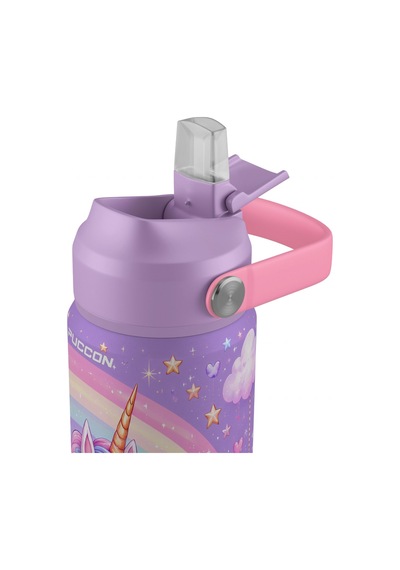 Puccon 540 Ml Unicorn Desenli Lila - Pembe Kız Çocuk Pipetli Çelik Termos Matara/suluk - 60043