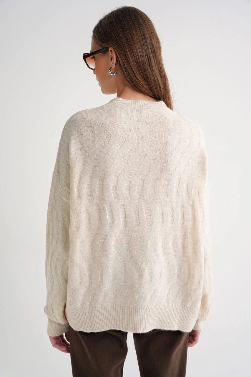 Mixray 6947 Kadın Kendinden Desenli Oversize Triko Kazak Naturel