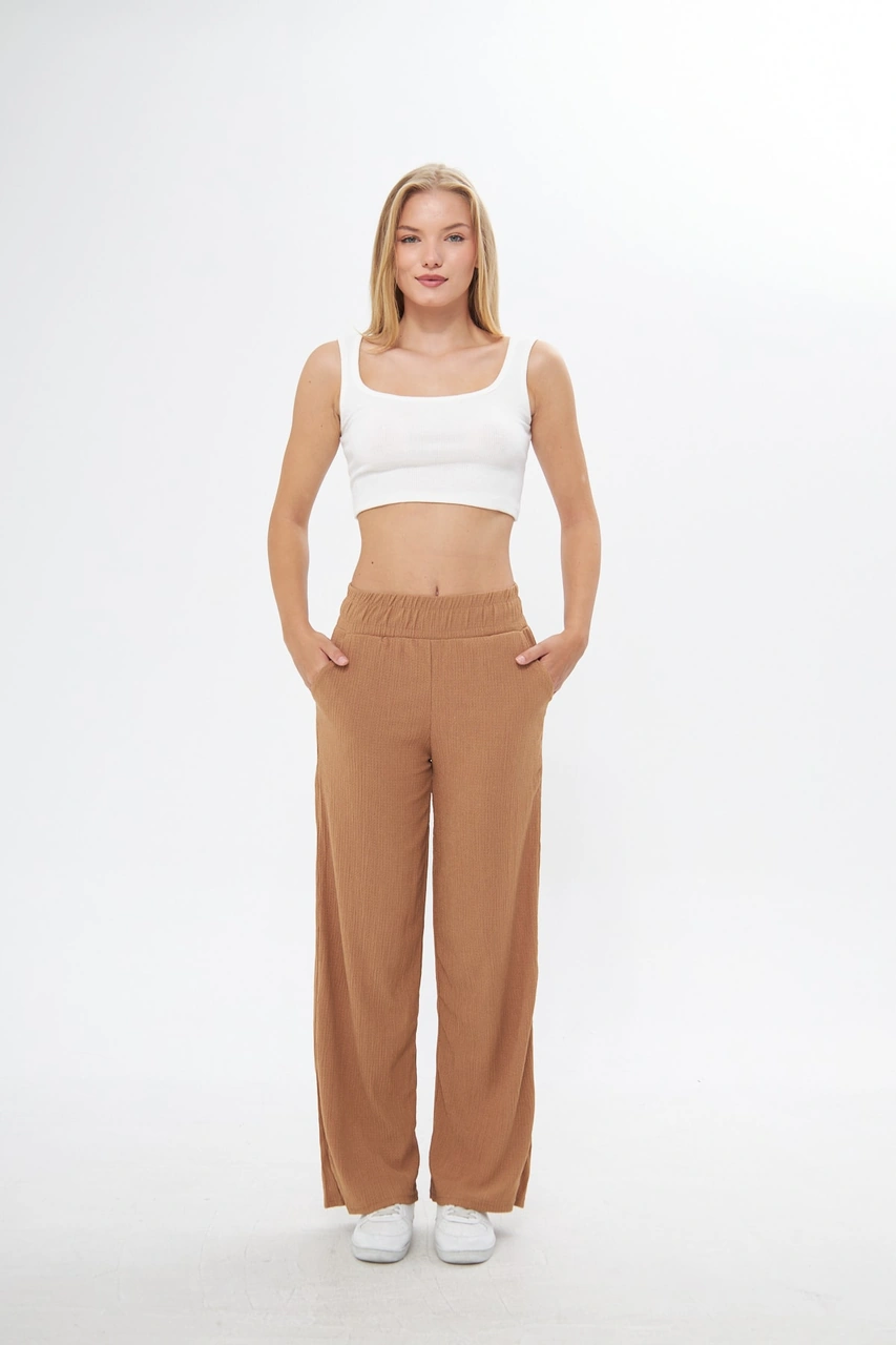 Kahverengi Beli Lastikli Bol Paça Çift Cepli Yüksek Bel Bürümcük Örme Kadın Pantolon Camel