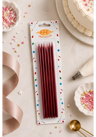 Kırmızı Metalik Uzun Pasta Mumu 20 Cm Çok Renkli