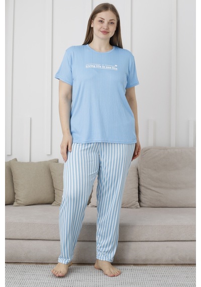 Wordex Mirano 3503 Çizgili Pijamalı Kısa Kollu Büyük Beden Pegasus Kumaş Kadın Pijama Takımı Mavi Wordex Mirano 3503 Çizgili Pijamalı Kısa Kollu Büyük Beden Pegasus Kumaş Kadın Pijama Takımı Mavi