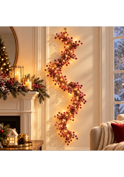 Bakgelal 190 Cm Kokina Görünümlü Yılbaşı Süsleme Dalı Kar Efektli Kırmızı Meyveli Dekoratif Garland, Kapı Ve Merdiven Süsü 3 Metre Peri Led Hediye - 9076523241771 Diğer