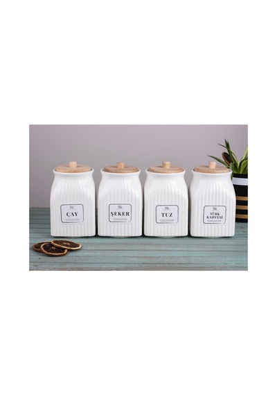 4 Lü Bambu Kapaklı Porselen 750 Ml Çay Şeker Türk Kahve Tuz Saklama Kavanoz Seti Beyaz Beyaz