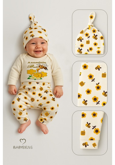 Babyden's Annesinin Balı 3 Lü Yenidoğan Takım %100 Pamuk Uzun Kol Body,pantolon,bere Unisex Ekru