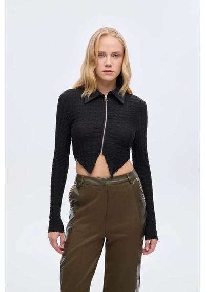 Quzu Gofre Dokulu Fermuarlı Crop Siyah Kadın Bluz Blz01121 Siyah