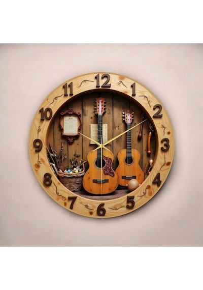 AA Shop Gitar Müzik Renkli Baskı Desenli Sayılı Hediyelik Ahşap Sessiz Tablo Duvar Saati 51 Renkli