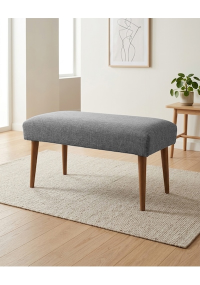 Gri Keten Kumaş Bench Puf 90x45x46 Cm Ahşap Ceviz Ayaklı Demonte Modern Yatak Ucu Bench Oturma Bankı Antre Koridor Pufu