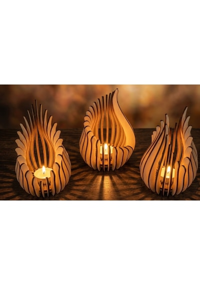 Ateş 3'lü Tealight Mumluk Ahşap Mumluk + Led Pilli Mum Ham Mdf