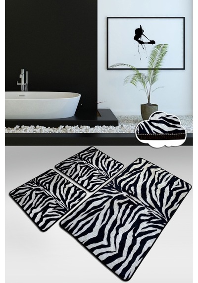 Striped Siyah 3 Lü Set Yıkanabilir Kaymaz Taban Banyo Halısı,Paspası Siyah