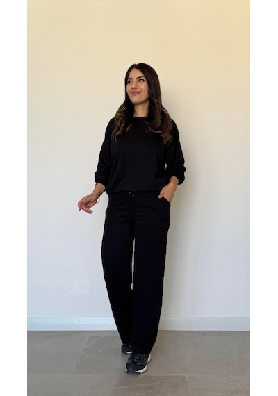Emh Store Kadın Uzun Kollu Bisiklet Yaka Viskon Iki Iplik Bluz Ve Pantolon Ikili Takım Siyah
