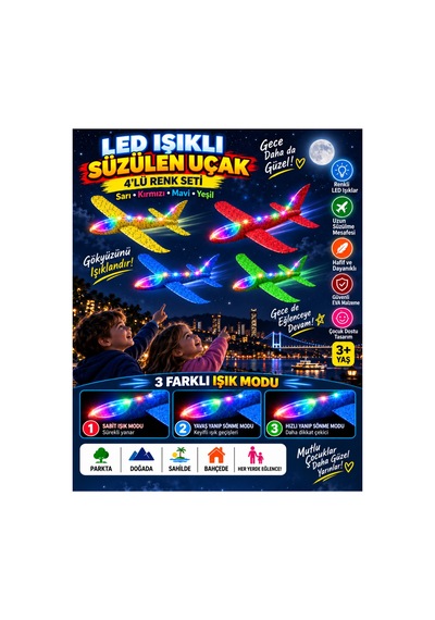 4 Lü Led Işıklı Köpük Uçak Seti Sarı, Kırmızı, Mavi & Yeşil Hafif Dayanıklı Fırlatma Uçağı Açık Hava Oyuncağı - 922589726
