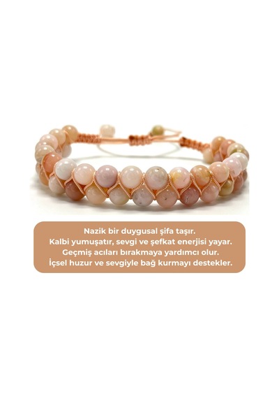 Sertifikalı Pembe Opal Çift Sıra Doğal Taş Makrome Bileklik Ayarlanabilir Ölçü Pembe