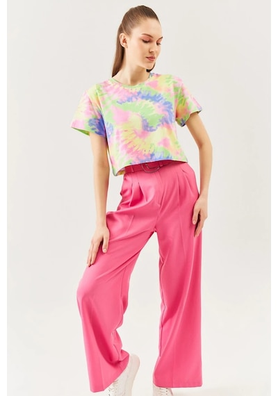 Kadın Oversize Rahat %100 Pamuklu Penye Bisiklet Yaka Kısa Kol Basic Crop T-shirt Batik Gökkuşağı
