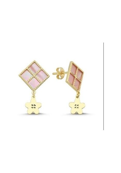 Pembe Sedefli Dörtgen Sallantı Çiçek Altın Küpe