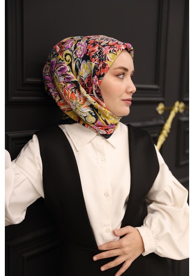 Silk Home Olinda İpek Eşarp 47002-31 Koyu Lacivert, Yağ Yeşili, Beyaz, Turuncu
