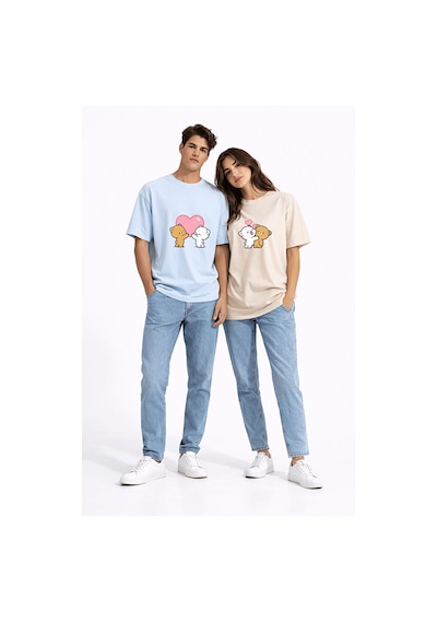 Sevgili Kombini Ayıcık Kalp Baskılı Çift Tişört Oversize Unisex Partner Kombin Seti Mavi