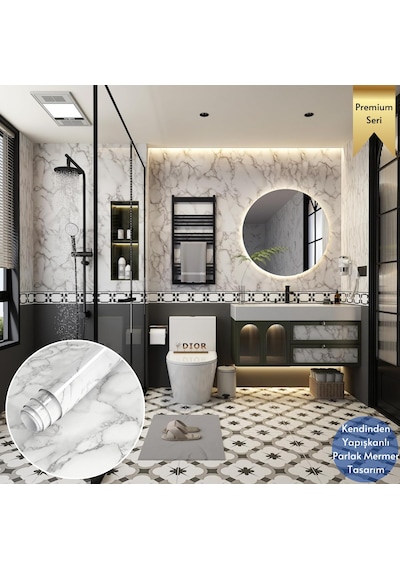 Technosmart 60x500cm Mermer Desen Kendinden Yapışkanlı Duvar Kağıdı Kaplama Mutfak Tezgeh Masa Folyo Beyaz