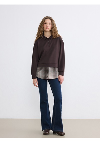 Lcw Modest Kahverengi Gömlek Yaka Ekoseli Kadın Sweatshirt Tunik
