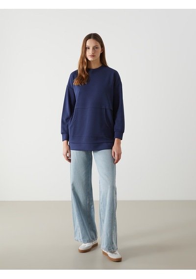 Lcw Modest Lacivert Bisiklet Yaka Oversize Kadın Sweatshirt Tunik