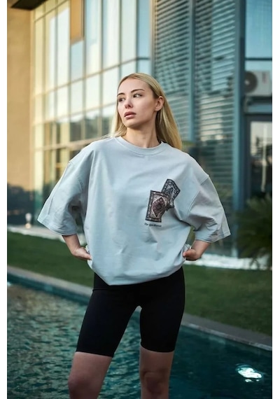 Unisex Bisiklet Yaka Baskılı Oversize T-shirt - Boyalı Gri Boyalı Gri