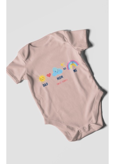 Morivokids Dad Mom Me Sweet Family Kısa Kollu Bebek Body %100 Pamuk Pastel Pembe