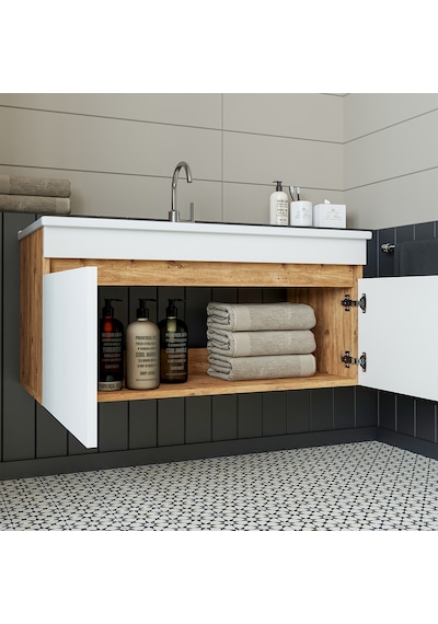 Roomart '' Lavabolu '' Atlantik-beyaz Mdf 100 Cm Banyo Alt Dolabı Atlantik Çam - Beyaz