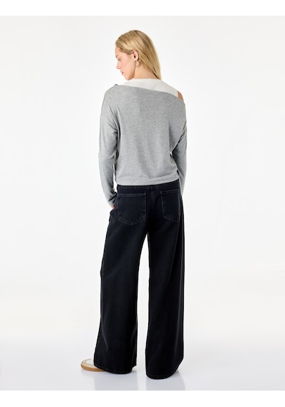 Koton Slim Fit Viskon Karışımlı Asimetrik Yaka Uzun Kollu Katmanlı Tişört Gri 7wal10346ık
