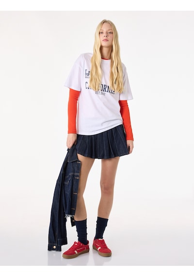 Koton Pamuklu Rahat Kesim Pileli Mini Denim Etek Koyu İndigo 6sal70021md