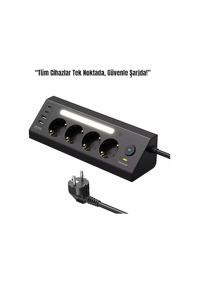 Akım Korumalı Çoklu Priz 4 Priz Girişi + 2 Usb-c + 2 Usb-a Çıkışı 2 Metre Kablo Led Işıklı Hızlı Şarj Ve Güvenli Kullanım Siyah