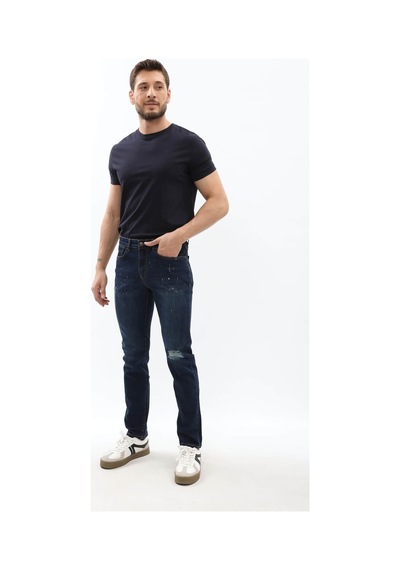 Blue White Erkek Dizi Yırtık Slim Fit Boya Detay Jean Pantolon Lacivert 36