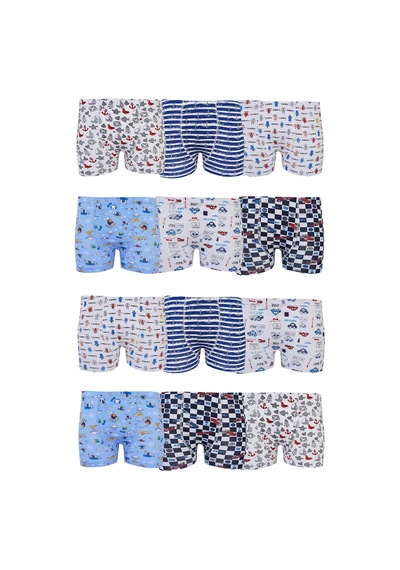 Tutku 12li Erkek Çocuk Renkli Boxer Desenli Baskılı Pamuklu Rahat Karışık
