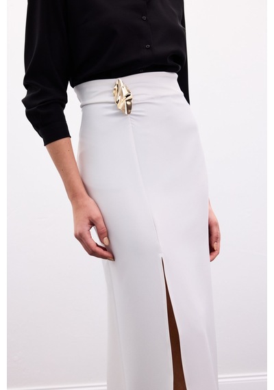 Sateen Gold Yan Aksesuarlı Etek - Ekru-136886 Ekru