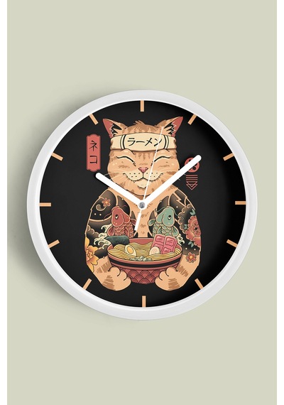 Kedi Ramen Modern Tasarım Duvar Saati - 30cm - Önü Camlı Beyaz Kasa - Sessiz Mekanizma Beyaz