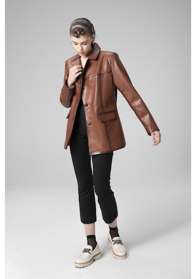 Dericlub Wm035 Gerçek Deri Kadın Blazer Viski